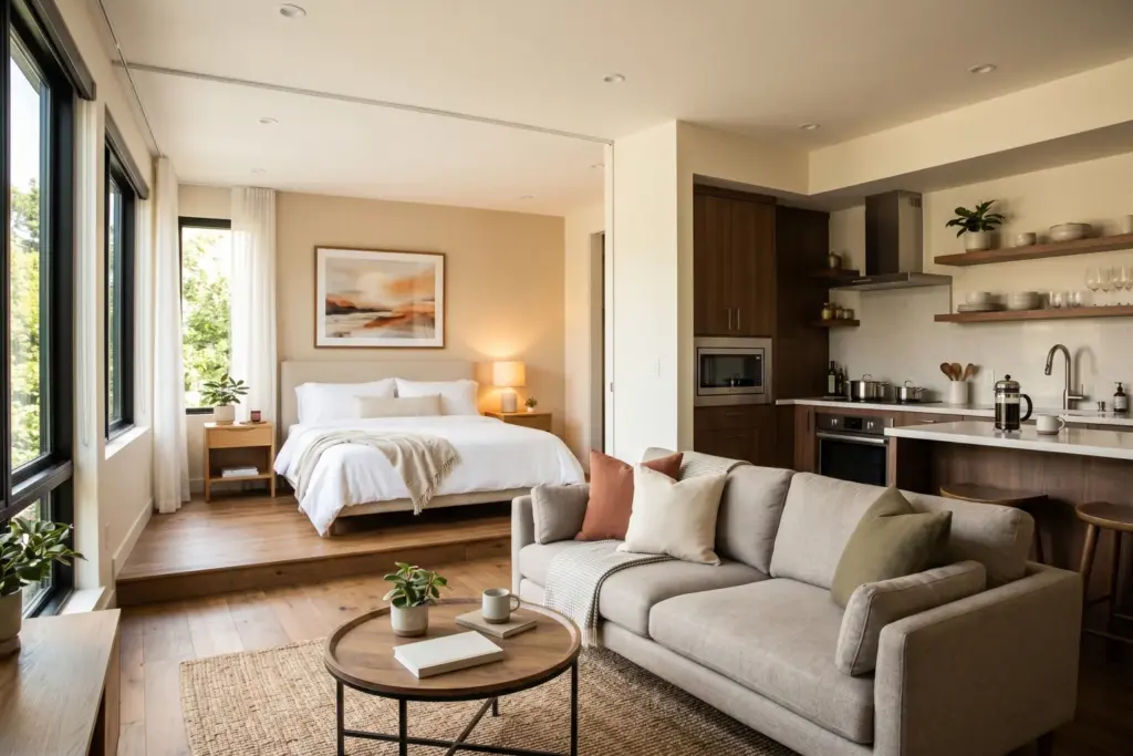 Well-furnished vacation rental interior showing quality mattress, comfortable sofa, and equipped kitchen