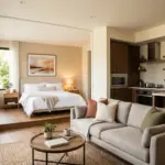 Well-furnished vacation rental interior showing quality mattress, comfortable sofa, and equipped kitchen