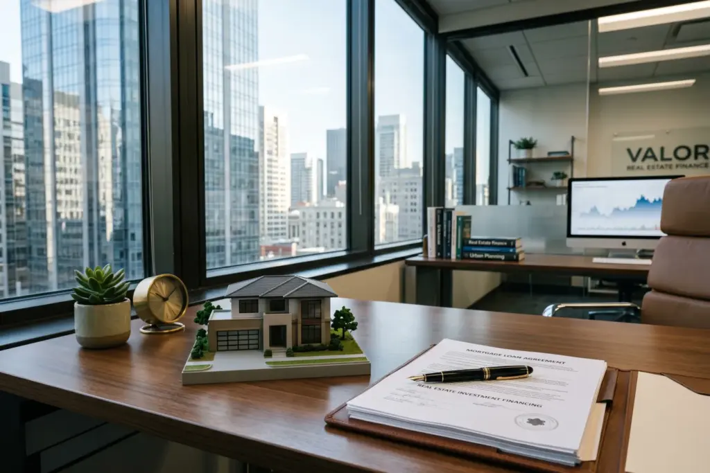 Mortgage office with loan documents and model home representing DSCR financing for short-term rental properties