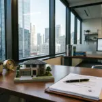 Mortgage office with loan documents and model home representing DSCR financing for short-term rental properties