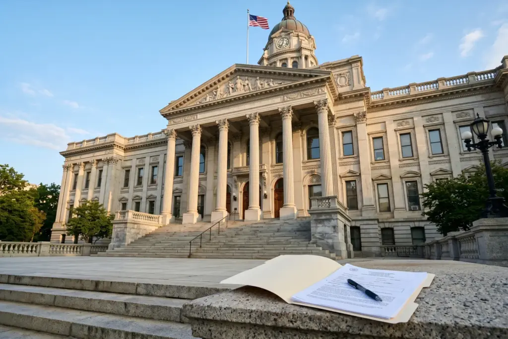 Short-term rental permit application process showing city hall building and official documents
