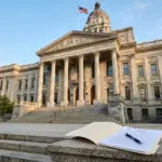 Short-term rental permit application process showing city hall building and official documents