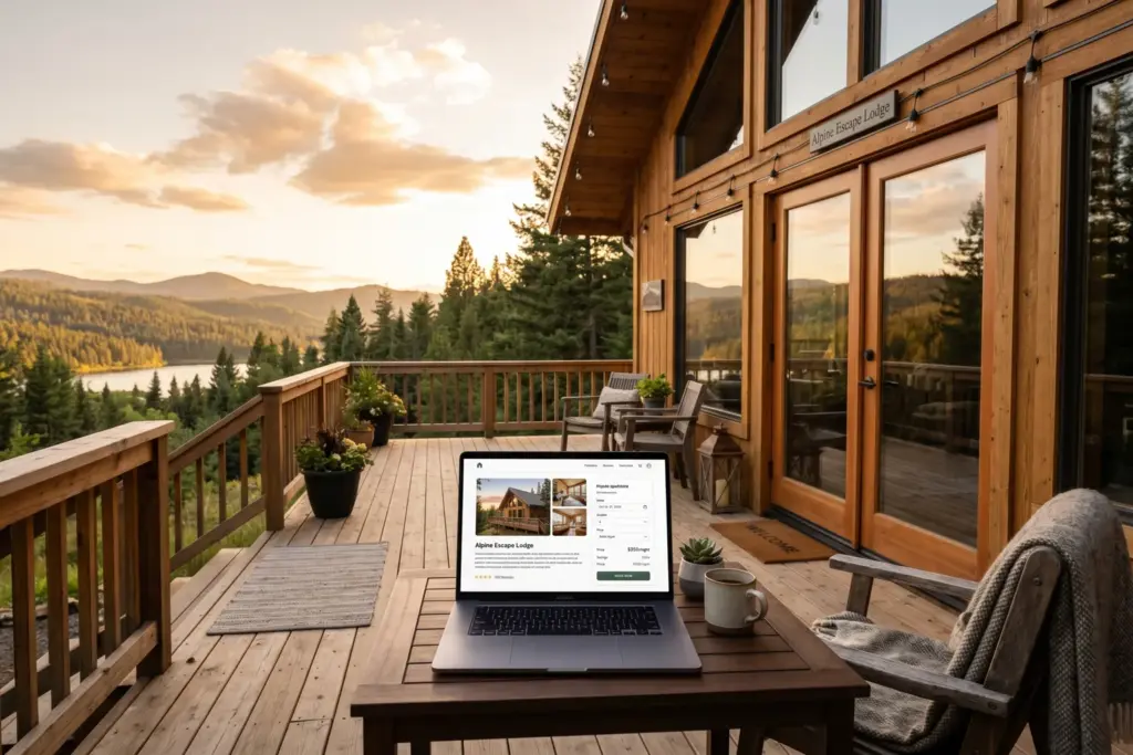 Vacation rental property with laptop showing Vrbo listing interface on a sunny deck