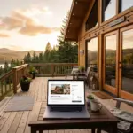 Vacation rental property with laptop showing Vrbo listing interface on a sunny deck