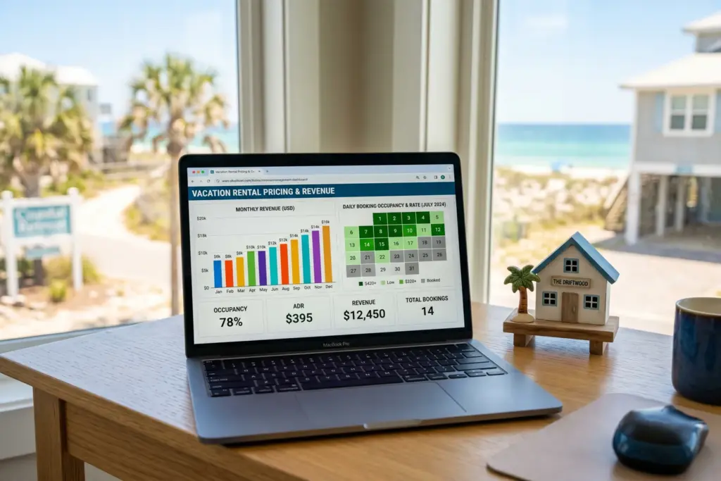 Laptop showing a dynamic pricing dashboard with revenue charts for an Airbnb property