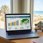 Laptop showing a dynamic pricing dashboard with revenue charts for an Airbnb property