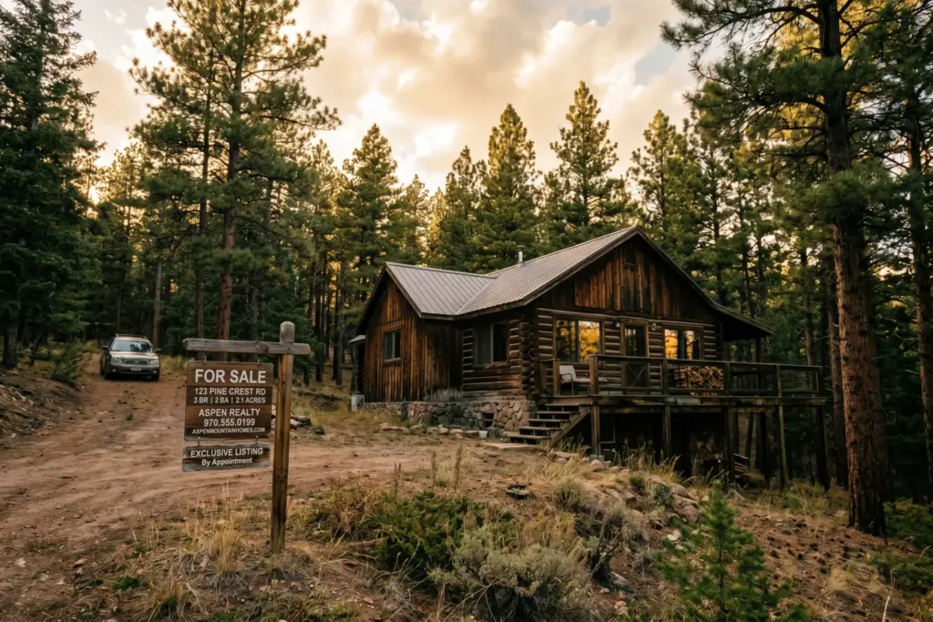 Vacation cabin with for sale sign in mountain setting representing the STR selling process