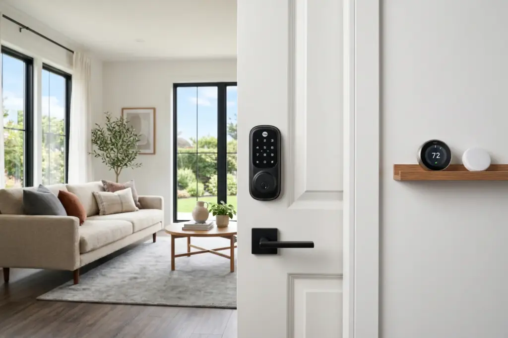 Smart lock keypad on vacation rental door with modern STR interior showing smart home tech setup for first Airbnb hosts 2026