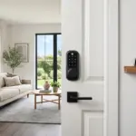Smart lock keypad on vacation rental door with modern STR interior showing smart home tech setup for first Airbnb hosts 2026