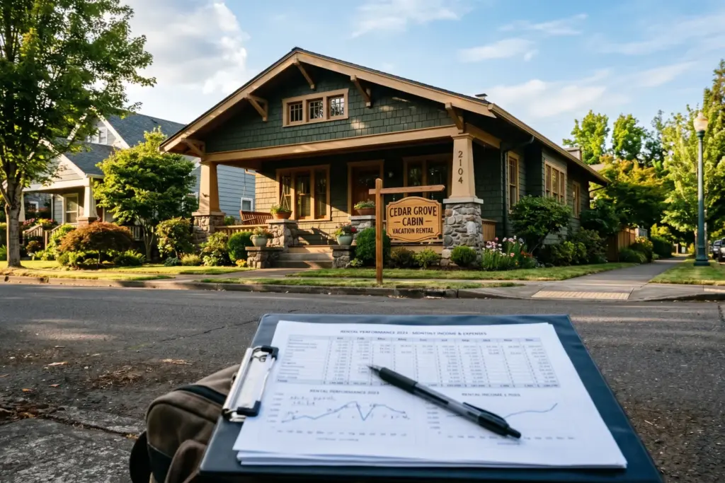 Vacation rental home exterior with financial documents in foreground representing STR business valuation