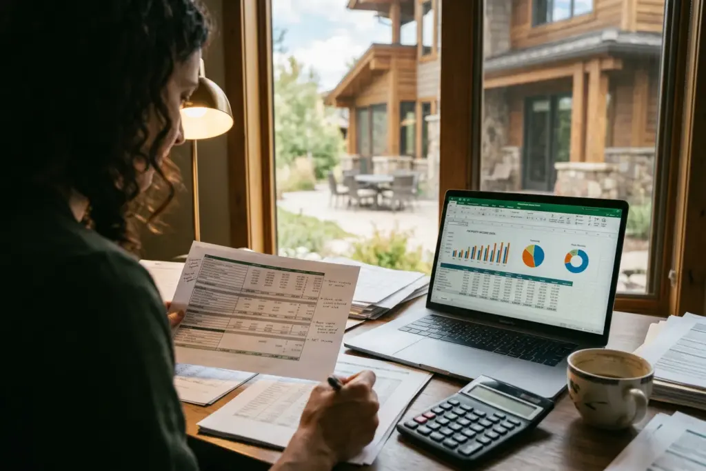 Real estate investor reviewing STR income documents and revenue data at a desk with vacation rental property visible in background