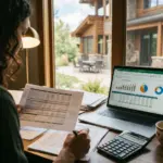 Real estate investor reviewing STR income documents and revenue data at a desk with vacation rental property visible in background