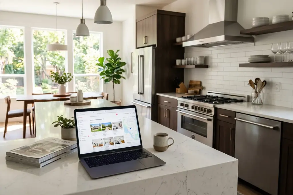 Laptop on a kitchen counter in a staged short-term rental property showing an Airbnb listing interface