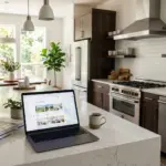 Laptop on a kitchen counter in a staged short-term rental property showing an Airbnb listing interface