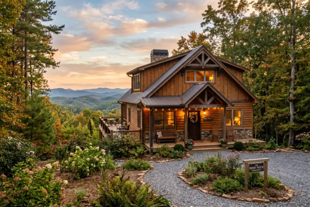 A cozy vacation rental cabin with warm lighting at golden hour in an American mountain town, representing short-term rental investment in 2026