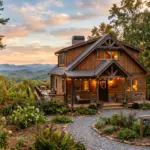 A cozy vacation rental cabin with warm lighting at golden hour in an American mountain town, representing short-term rental investment in 2026