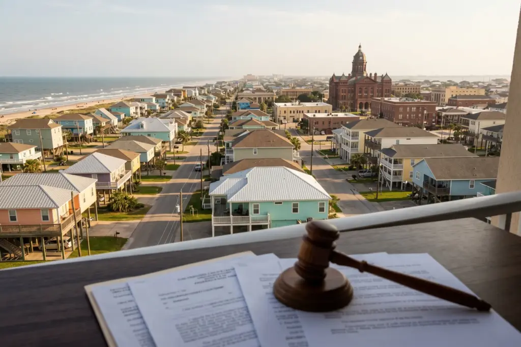 Federal courthouse and beach houses in Jamaica Beach Texas representing the 2026 STR ordinance partial injunction ruling