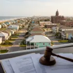 Federal courthouse and beach houses in Jamaica Beach Texas representing the 2026 STR ordinance partial injunction ruling
