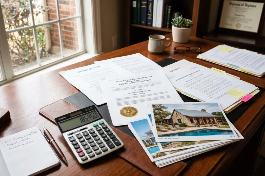 Business formation documents and property photos on a desk representing LLC structure for STR investors