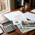 Business formation documents and property photos on a desk representing LLC structure for STR investors