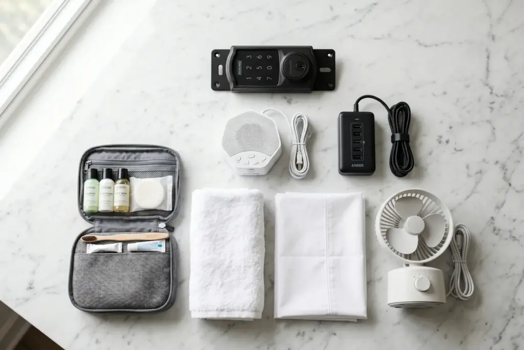 Essential STR host supplies including smart lock, noise monitor, charging station, and white linens arranged on marble surface