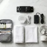 Essential STR host supplies including smart lock, noise monitor, charging station, and white linens arranged on marble surface
