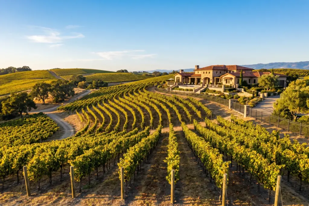 Napa Valley vineyard landscape with vacation rental property at golden hour, Sonoma wine country STR investment