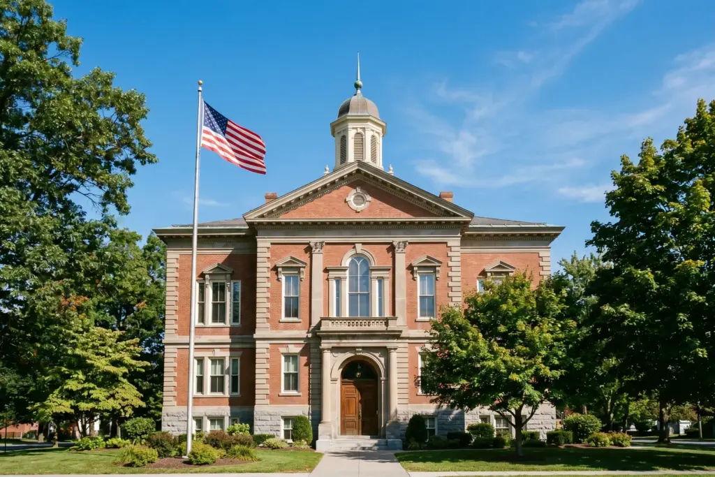 Saratoga County government building representing the new mandatory short-term rental registry and platform data-sharing law passed April 2026