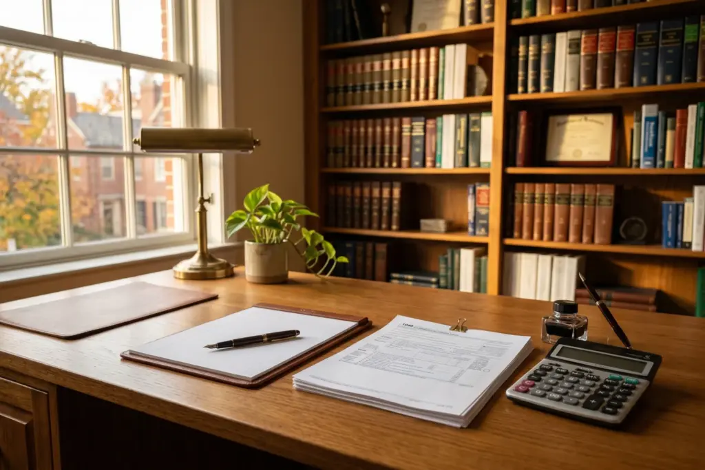Tax forms and calculator on a desk representing Schedule E vs Schedule C classification for Airbnb income