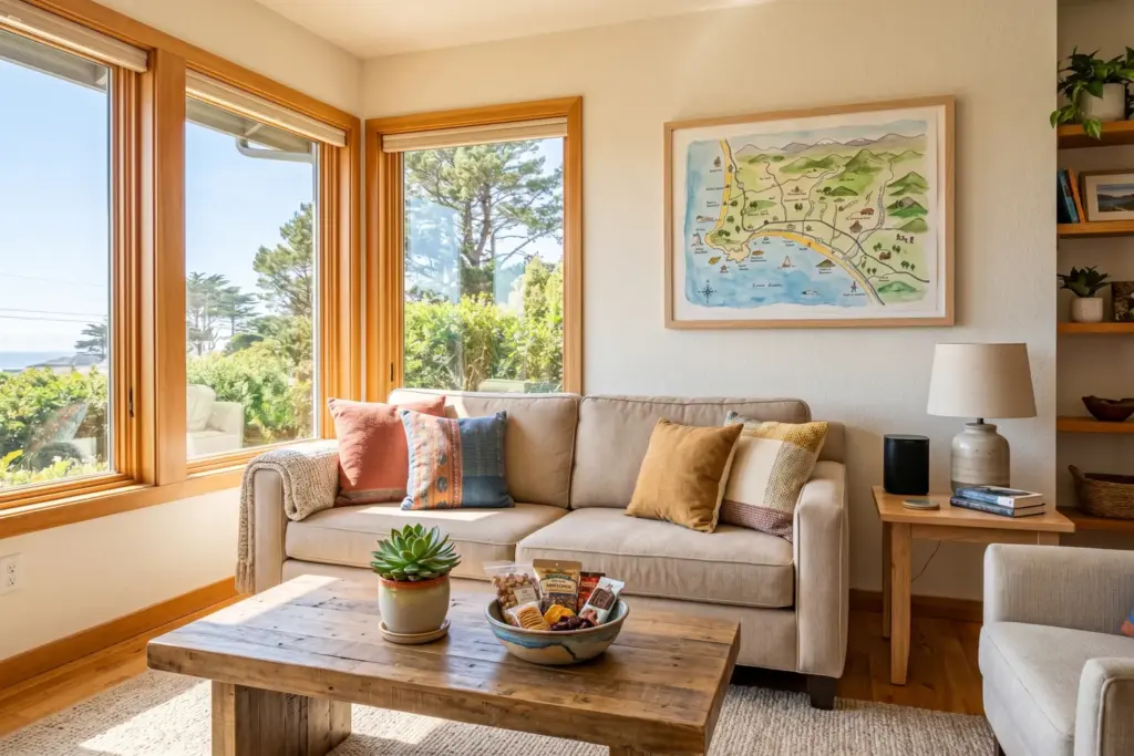 Warm, well-appointed vacation rental living room representing an experienced STR host who has found their footing in year two