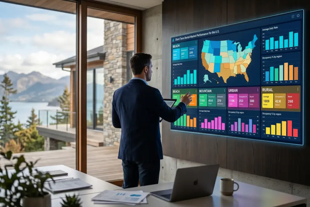 STR market data dashboard showing annual gross revenue by market type for short-term rental investing in 2026