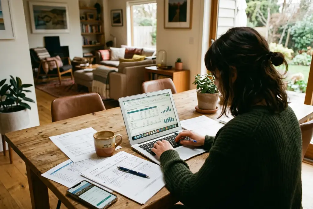 STR host reviewing operating costs and expenses at kitchen table with laptop