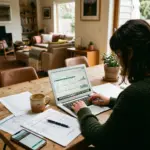 STR host reviewing operating costs and expenses at kitchen table with laptop