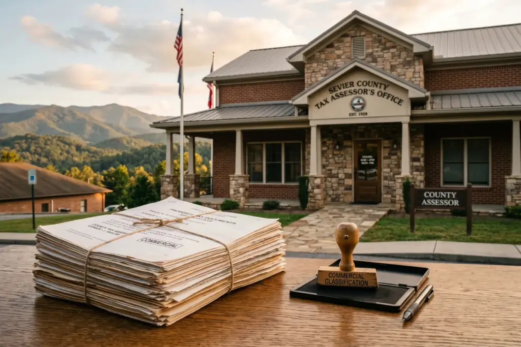 County tax assessor office with property tax documents and commercial classification stamp on desk, Tennessee mountain town