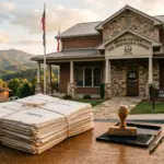County tax assessor office with property tax documents and commercial classification stamp on desk, Tennessee mountain town