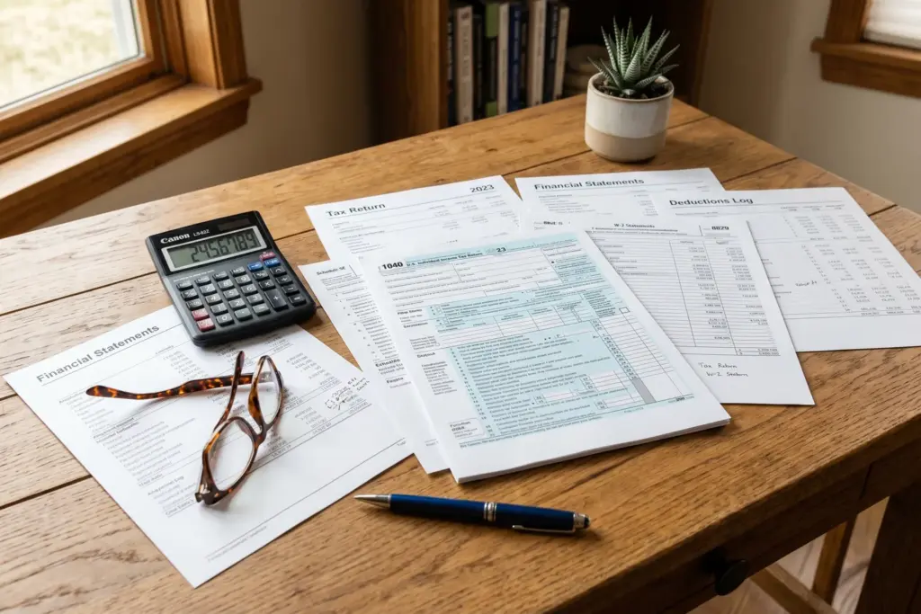 Tax documents and financial papers on a desk representing short-term rental tax deductions 2026