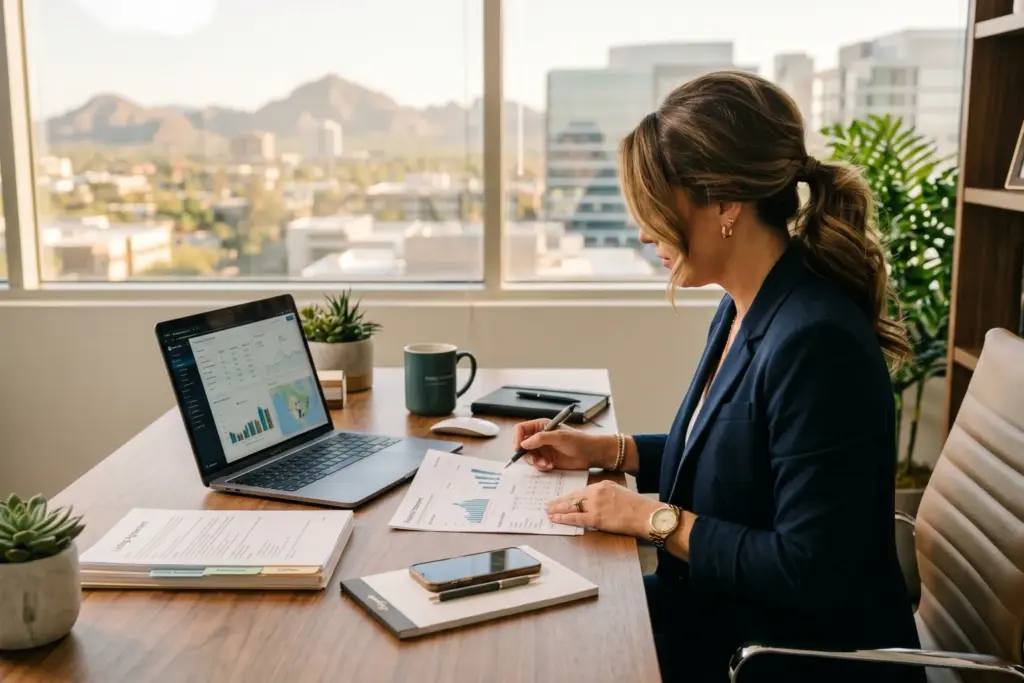 Real estate listing agent reviewing financial documents at desk preparing for STR investor call