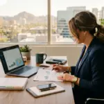 Real estate listing agent reviewing financial documents at desk preparing for STR investor call