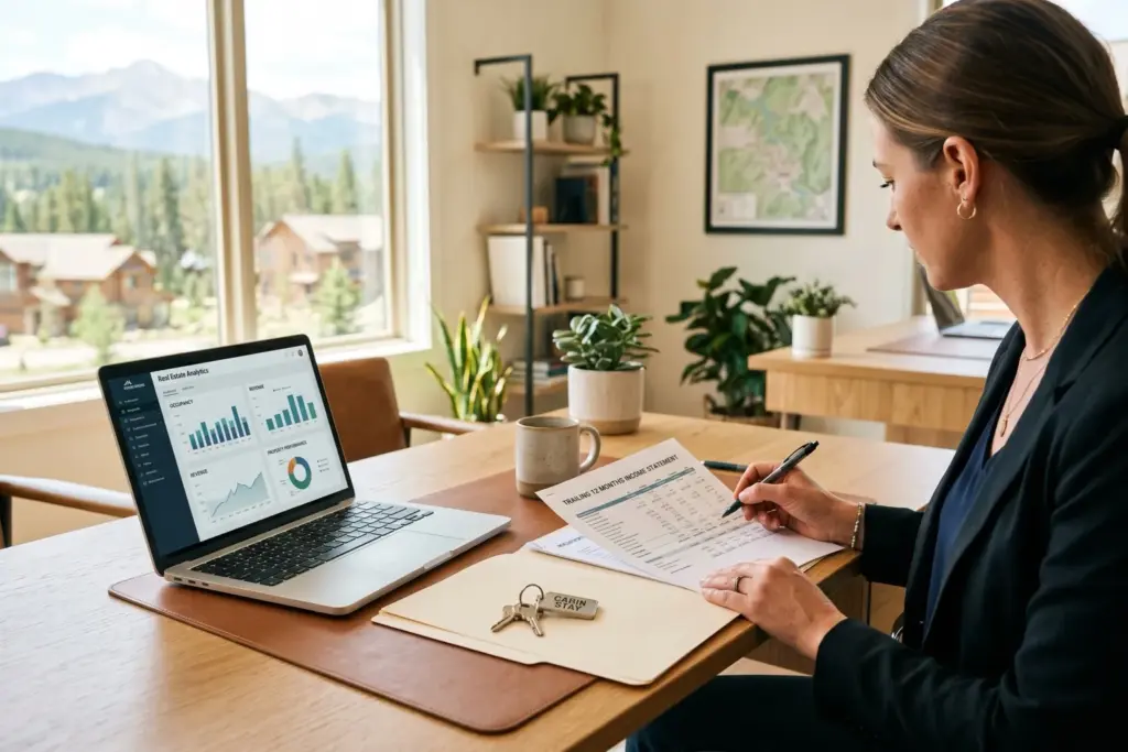 Real estate listing agent reviewing a trailing 12-month income statement and analytics for a short-term rental property sale