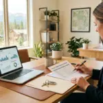 Real estate listing agent reviewing a trailing 12-month income statement and analytics for a short-term rental property sale
