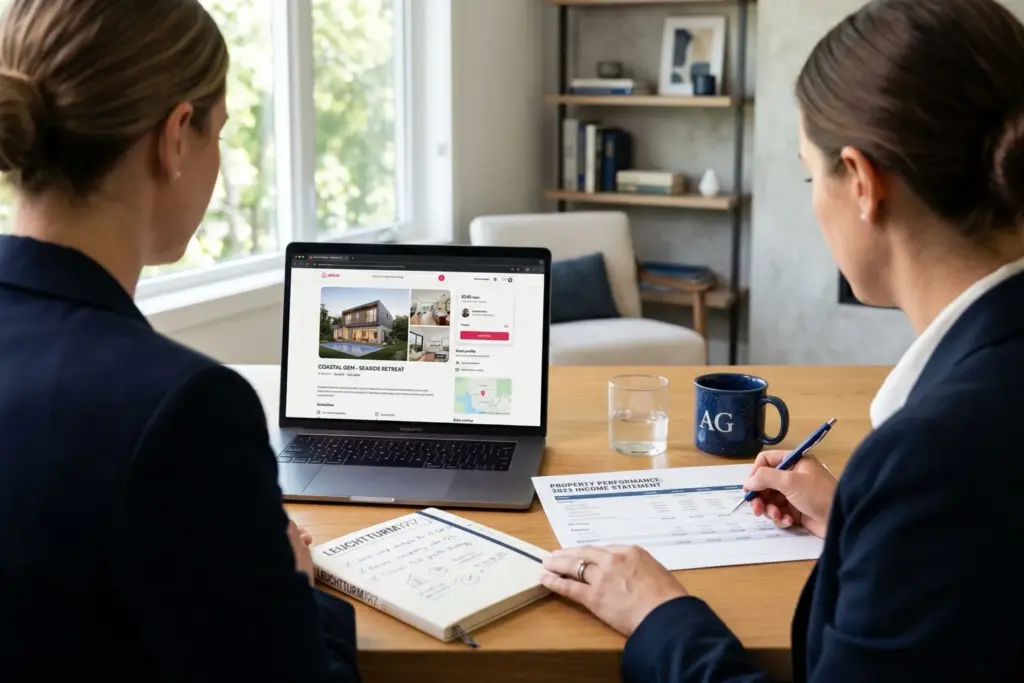 Real estate agent reviewing STR income documents and listing data at a desk