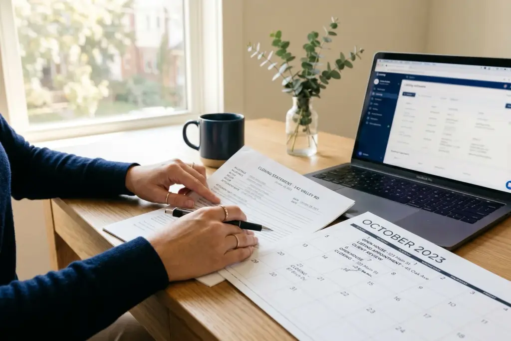 Real estate agent reviewing short-term rental booking calendar and closing documents before property sale