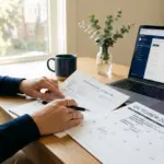 Real estate agent reviewing short-term rental booking calendar and closing documents before property sale