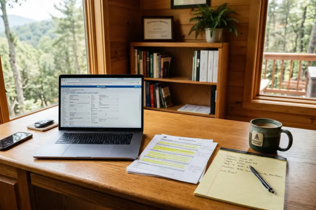 Real estate agent desk with MLS listing form and short-term rental notes