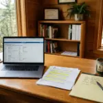 Real estate agent desk with MLS listing form and short-term rental notes