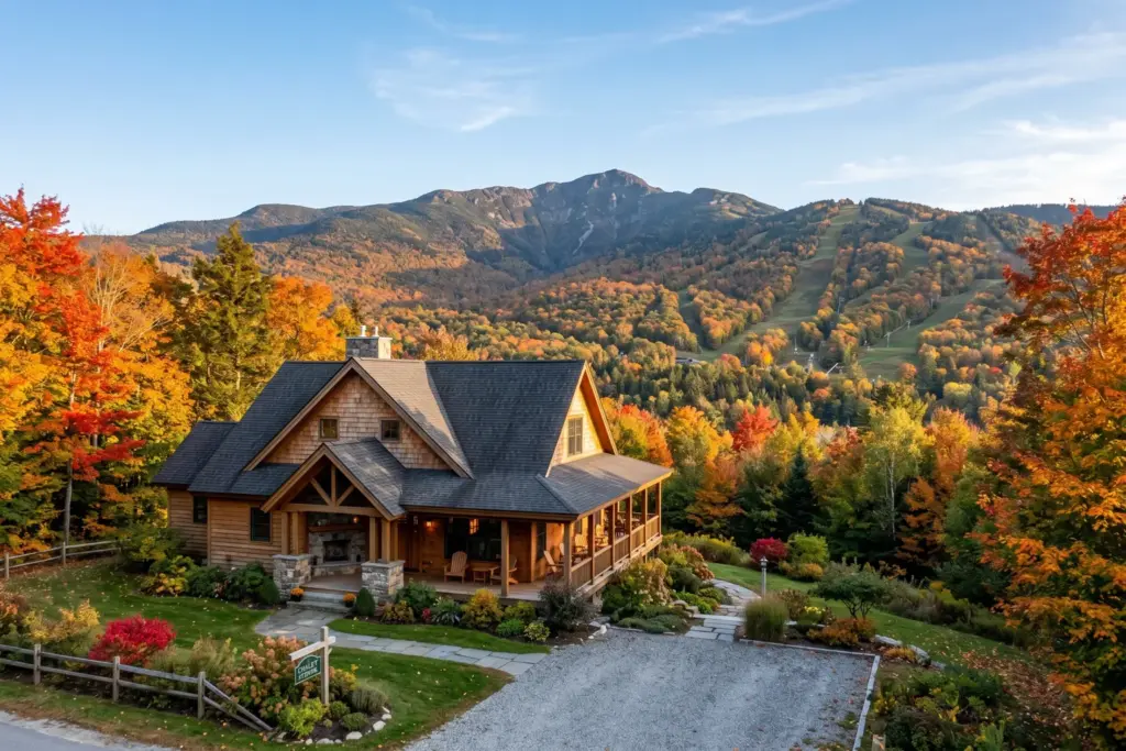 Stowe Vermont vacation rental chalet with Mount Mansfield in background during autumn foliage season