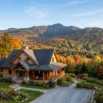 Stowe Vermont vacation rental chalet with Mount Mansfield in background during autumn foliage season