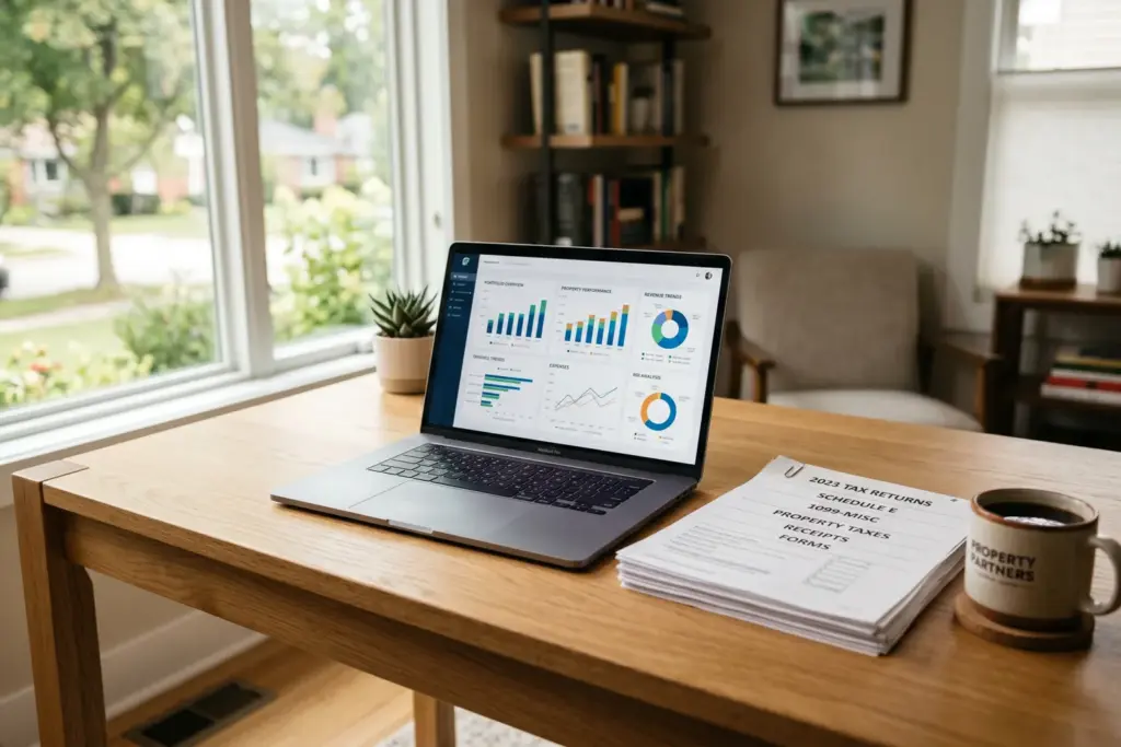 Laptop showing financial dashboard software for short-term rental accounting with tax documents on desk