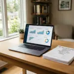 Laptop showing financial dashboard software for short-term rental accounting with tax documents on desk