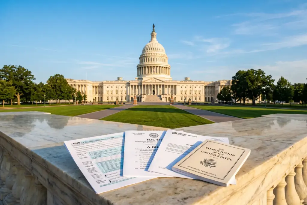 U.S. Capitol building with official tax and legal documents representing the One Big Beautiful Bill bonus depreciation restoration